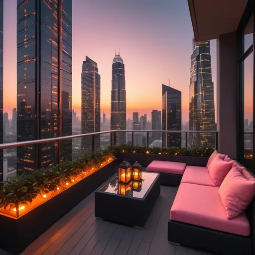 Prompt: (vibrant sunset), a stunning modern city skyline illuminated by warm hues of orange and pink, viewed from a massive, elegantly designed balcony, luxurious black outdoor furniture, lush greenery, and stylish decor, atmospheric and serene, soft golden light spilling over the edge, ultra-detailed, 4K, cinematic composition, captivating depth and perspective. Lots of modern and extremely tall skyscrapers with lights