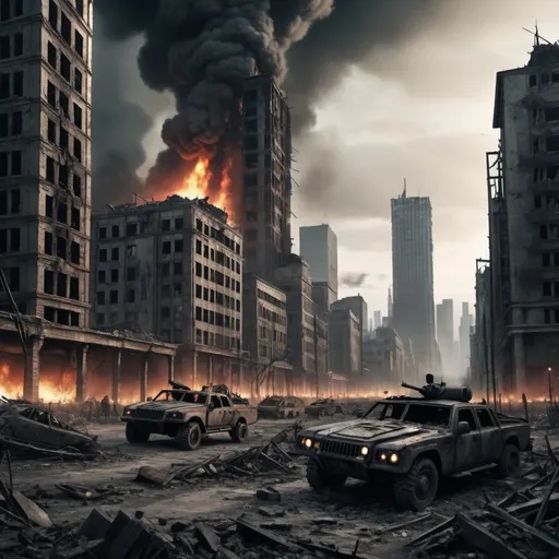 Prompt: Post-apocalyptic metropolis city, destroyed military tanks, fire burning all over the city, heavily destroyed skyscrapers, tons of skyscrapers, each buildings were cut in half, fallen parts of buildings all over the ground