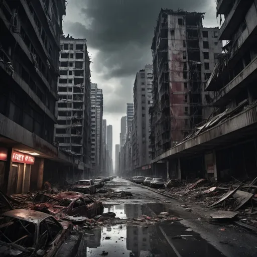 Prompt: Extremely destroyed city, badly destroyed skyscrapers, road, smashed buildings at the sides. Rotting human corpses all over the place, headless, entrails hanging out, terror, gore, bloody buildings, lots of skyscrapers, eerie atmosphere, pretty dark sky, raining heavily.