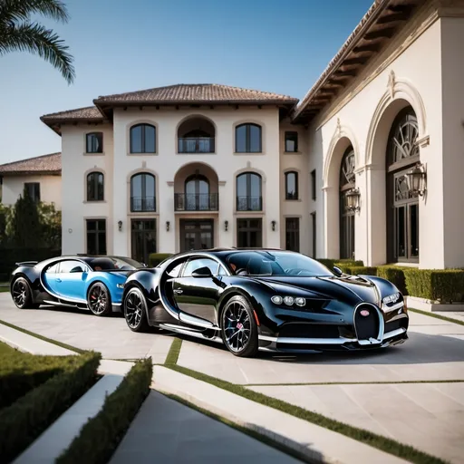 Prompt: (currents in the image "6 black Bugatti Chiron Super Sport 300+"), sleek supercars parked in a row, (luxurious opulent penthouse) in the background, expansive manicured yard, sparkling blue pool shimmering under bright sunlight, (high detail) photography style, (vibrant colors), cinematic depth of field, ultra-detailed, captivating grandeur ambiance, showcasing wealth and sophistication.