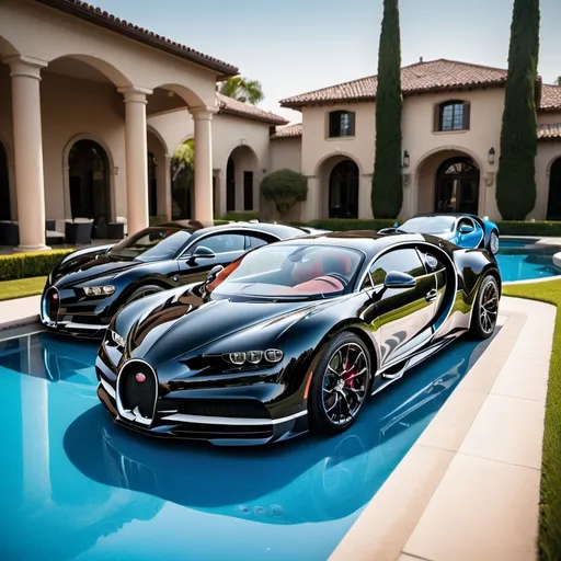 Prompt: (currents in the image "6 black Bugatti Chiron Super Sport 300+"), sleek supercars parked in a row, (luxurious opulent penthouse) in the background, expansive manicured yard, sparkling blue pool shimmering under bright sunlight, (high detail) photography style, (vibrant colors), cinematic depth of field, ultra-detailed, captivating grandeur ambiance, showcasing wealth and sophistication.