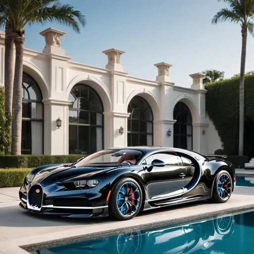 Prompt: 6 black Bugatti Chiron Super Sport 300+ parking in a row in a massive yard with a pool outside a massive, opulent penthouse, 