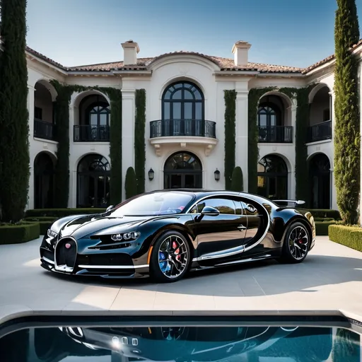 Prompt: (escalated luxury) 6 (sleek) black Bugatti Chiron Super Sport 300+ parked in a row, massive opulent penthouse backdrop, sparkling pool in yard, expansive space, vibrant sunshine casting reflections, lush greenery surrounding, extravagance emphasized, dramatic shadows, clear blue sky above, high-resolution, ultra-detailed, cinematic atmosphere, showcasing prestige and wealth.