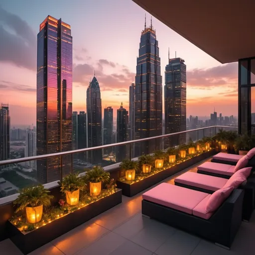 Prompt: (vibrant sunset), a stunning modern city skyline illuminated by warm hues of orange and pink, viewed from a massive, elegantly designed balcony, luxurious black outdoor furniture, lush greenery, and stylish decor, atmospheric and serene, soft golden light spilling over the edge, ultra-detailed, 4K, cinematic composition, captivating depth and perspective. Lots of modern and extremely tall skyscrapers with lights