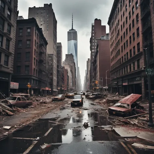 Prompt: Extremely destroyed city, badly destroyed skyscrapers, road, smashed buildings at the sides. Rotting human corpses all over the place, headless, entrails hanging out, terror, gore, bloody buildings, lots of skyscrapers, eerie atmosphere, pretty dark sky, raining heavily. New York city. A tall building has a massive hole in the middle, almost tore it apart, it’s about to fall, leaning towards the ground.