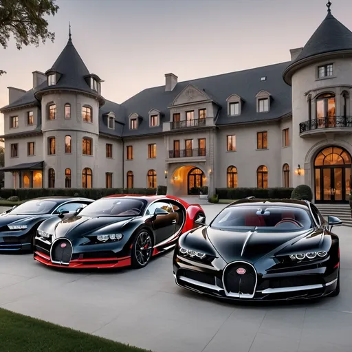 Prompt: 6 black mix with red Bugatti Chiron Super Sport 300+ parking in a row in a massive yard outside a massive, opulent penthouse, dawn