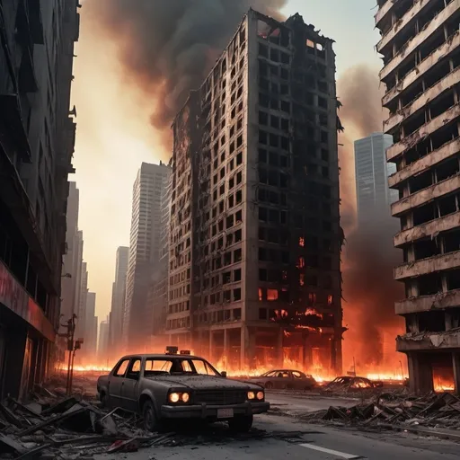 Prompt: Extremely destroyed city, badly destroyed skyscrapers, road, smashed buildings at the sides. Rotting human corpses all over the place, headless, entrails hanging out, terror, gore, bloody buildings, lots of skyscrapers. Fire burning all over, eerie atmosphere, slightly bright sky, a destroyed tank on the sidewalk.