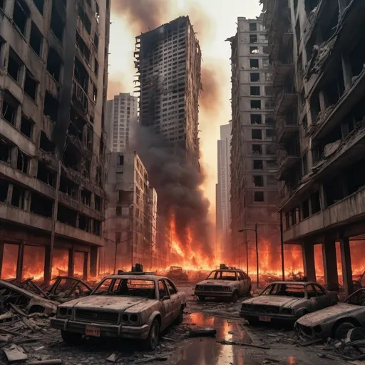 Prompt: Extremely destroyed city, badly destroyed skyscrapers, road, smashed buildings at the sides. Rotting human corpses all over the place, headless, entrails hanging out, terror, gore, bloody buildings, lots of skyscrapers. Fire burning all over, eerie atmosphere, slightly bright sky, a destroyed tank on the sidewalk.