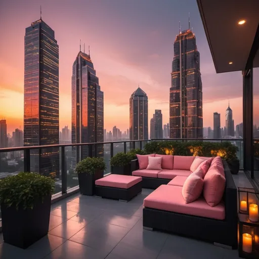 Prompt: (vibrant sunset), a stunning modern city skyline illuminated by warm hues of orange and pink, viewed from a massive, elegantly designed balcony, luxurious black outdoor furniture, lush greenery, and stylish decor, atmospheric and serene, soft golden light spilling over the edge, ultra-detailed, 4K, cinematic composition, captivating depth and perspective. Lots of modern and extremely tall skyscrapers with lights