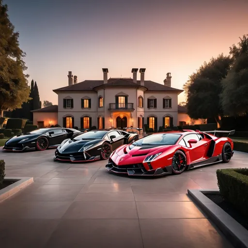 Prompt: Eight black mix with red Lamborghini Veneno and Lamborghini Aventador SVJs without roof and a black Bugatti Chiron parking next to each other in a row in a massive yard of a luxurious and modern mansion. Sunset