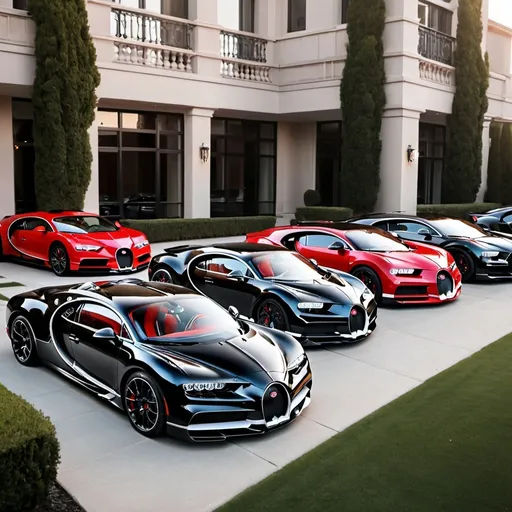 Prompt: 6 black mix with red Bugatti Chiron Super Sport 300+ parking in a row in a massive yard outside a massive, opulent penthouse, dawn