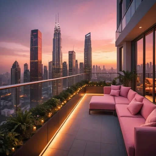 Prompt: (vibrant sunset), a stunning modern city skyline illuminated by warm hues of orange and pink, viewed from a massive, elegantly designed balcony, luxurious outdoor furniture, lush greenery, and stylish decor, atmospheric and serene, soft golden light spilling over the edge, ultra-detailed, 4K, cinematic composition, captivating depth and perspective. Lots of modern and extremely tall skyscrapers with lights