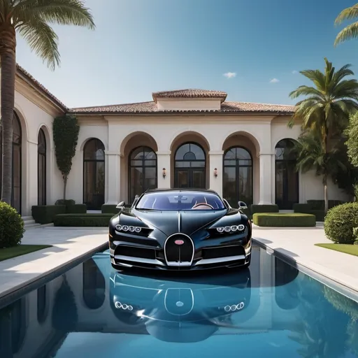 Prompt: (6 black Bugatti Chiron Super Sports), luxurious penthouse backdrop, sprawling yard with an elegant pool, opulent atmosphere, extravagant lifestyle portrayal, sleek and shiny cars reflecting sunlight, vast and open space, landscaped greenery surrounding the area, vivid blue water in the pool, high-quality, ultra-detailed cinematic composition, bright daylight enhancing the luxury.