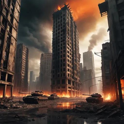 Prompt: Post-apocalyptic metropolis city, destroyed military tanks, fire burning all over the city, heavily destroyed skyscrapers, tons of skyscrapers