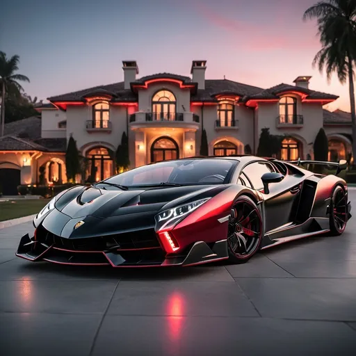 Prompt: Eight black mix with red Lamborghini Veneno and Lamborghini Aventador SVJs without roof and a black Bugatti Chiron parking next to each other in a row in a massive yard of a luxurious and modern mansion. Sunset