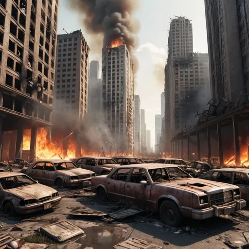 Prompt: A plane crashed into a post-apocalyptic metropolis city, lots of heavily damaged skyscrapers, crashed cars, dead bodies lying on the ground, fire burning all over the buildings.