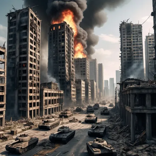 Prompt: Post-apocalyptic metropolis city, destroyed military tanks, fire burning all over the city, heavily destroyed skyscrapers, tons of skyscrapers