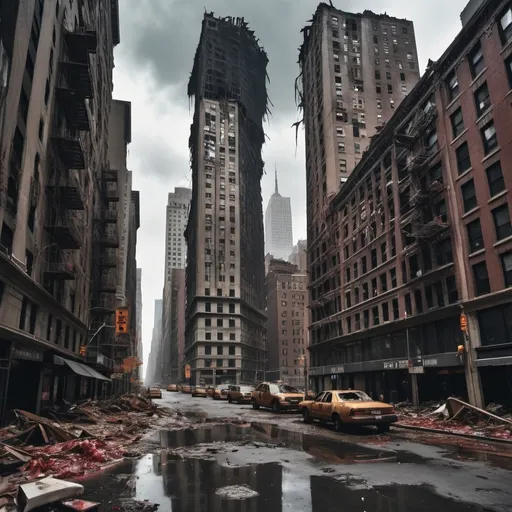 Prompt: Extremely destroyed city, badly destroyed skyscrapers, road, smashed buildings at the sides. Rotting human corpses all over the place, headless, entrails hanging out, terror, gore, bloody buildings, lots of skyscrapers, eerie atmosphere, pretty dark sky, raining heavily. New York city. A tall building cut in half, almost fall down.