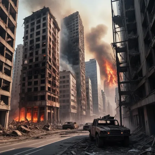 Prompt: Extremely destroyed city, badly destroyed skyscrapers, road, smashed buildings at the sides. Rotting human corpses all over the place, headless, entrails hanging out, terror, gore, bloody buildings, lots of skyscrapers. Fire burning all over, eerie atmosphere, slightly bright sky, a destroyed tank on the sidewalk.