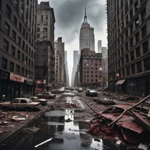 Prompt: Extremely destroyed city, badly destroyed skyscrapers, road, smashed buildings at the sides. Rotting human corpses all over the place, headless, entrails hanging out, terror, gore, bloody buildings, lots of skyscrapers, eerie atmosphere, pretty dark sky, raining heavily. New York city. A tall building has a massive hole in the middle, almost tore it apart, it’s about to fall, leaning towards the ground.