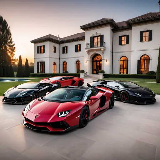 Prompt: Eight black mix with red Lamborghini Cenetario and Lamborghini Aventador SVJs without roof and a black Bugatti Chiron parking next to each other in a row in a massive yard of a luxurious and modern mansion. Sunset