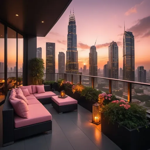 Prompt: (vibrant sunset), a stunning modern city skyline illuminated by warm hues of orange and pink, viewed from a massive, elegantly designed balcony, luxurious black outdoor furniture, lush greenery, and stylish decor, atmospheric and serene, soft golden light spilling over the edge, ultra-detailed, 4K, cinematic composition, captivating depth and perspective. Lots of modern and extremely tall skyscrapers with lights