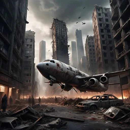 Prompt: A heavily destroyed plane crashed down on a post-apocalyptic metropolis city, completely destroyed skyscrapers.