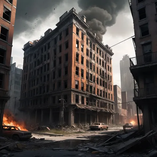 Prompt: A post-apocalyptic metropolis city, heavily smashed buildings, crashed down, torn apart, fire burning, Last of us vibe, eerie atmosphere, chaotic, falling down buildings 