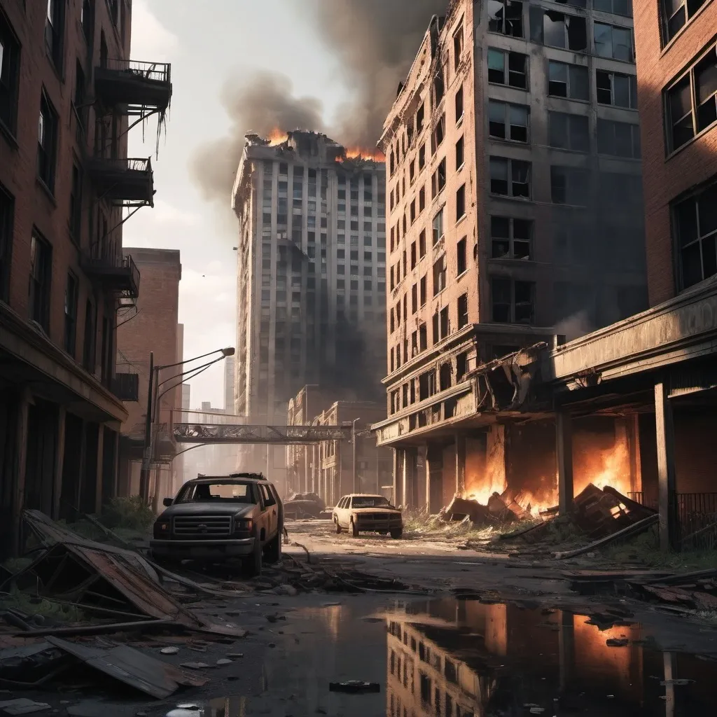 Prompt: A post-apocalyptic metropolis city, heavily smashed buildings, crashed down, torn apart, fire burning, Last of us vibe, eerie atmosphere, chaotic, falling down buildings 