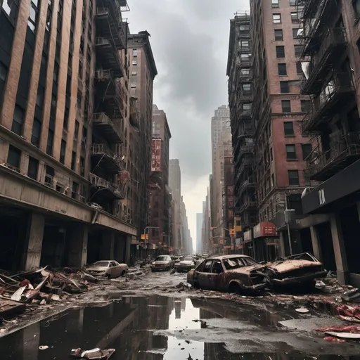 Prompt: Extremely destroyed city, badly destroyed skyscrapers, road, smashed buildings at the sides. Rotting human corpses all over the place, headless, entrails hanging out, terror, gore, bloody buildings, lots of skyscrapers, eerie atmosphere, pretty dark sky, raining heavily. New York city. A tall building has a massive hole in the middle, almost tore it apart, it’s about to fall, leaning towards the ground.