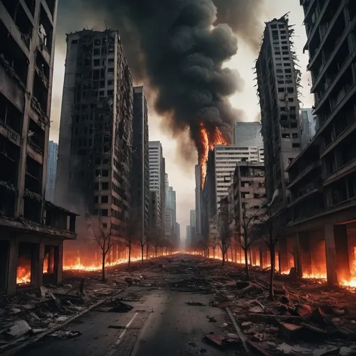 Prompt: Extremely destroyed city, badly destroyed skyscrapers, road, smashed buildings at the sides. Rotting human corpses all over the place, headless, entrails hanging out, terror, gore, bloody buildings, lots of skyscrapers. Fire burning all over, eerie atmosphere, pretty dark sky.