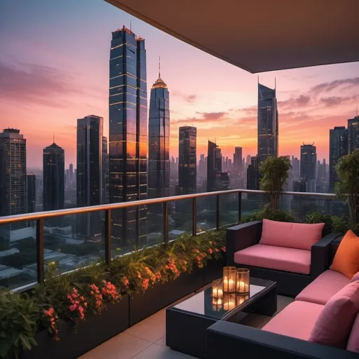 Prompt: (vibrant sunset), a stunning modern city skyline illuminated by warm hues of orange and pink, viewed from a massive, elegantly designed balcony, luxurious black outdoor furniture, lush greenery, and stylish decor, atmospheric and serene, soft golden light spilling over the edge, ultra-detailed, 4K, cinematic composition, captivating depth and perspective. Lots of modern and extremely tall skyscrapers with lights