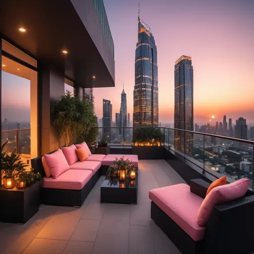 Prompt: (vibrant sunset), a stunning modern city skyline illuminated by warm hues of orange and pink, viewed from a massive, elegantly designed balcony, luxurious black outdoor furniture, lush greenery, and stylish decor, atmospheric and serene, soft golden light spilling over the edge, ultra-detailed, 4K, cinematic composition, captivating depth and perspective. Lots of modern and extremely tall skyscrapers with lights