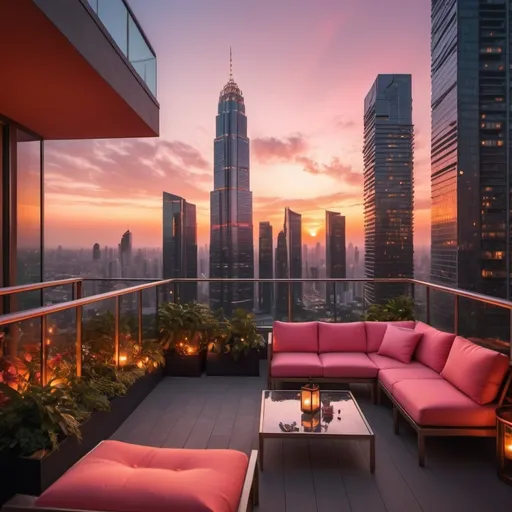 Prompt: (vibrant sunset), a stunning modern city skyline illuminated by warm hues of orange and pink, viewed from a massive, elegantly designed balcony, luxurious red outdoor furniture, lush greenery, and stylish decor, atmospheric and serene, soft golden light spilling over the edge, ultra-detailed, 4K, cinematic composition, captivating depth and perspective. Lots of modern and extremely tall skyscrapers with lights