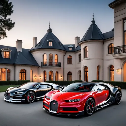 Prompt: 6 black mix with red Bugatti Chiron Super Sport 300+ parking in a row in a massive yard outside a massive, opulent penthouse, dawn