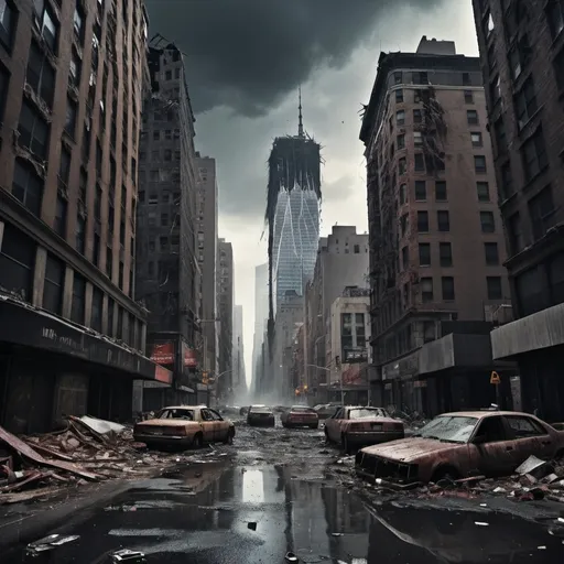 Prompt: Extremely destroyed city, badly destroyed skyscrapers, road, smashed buildings at the sides. Rotting human corpses all over the place, headless, entrails hanging out, terror, gore, bloody buildings, lots of skyscrapers, eerie atmosphere, pretty dark sky, raining heavily. New York city.