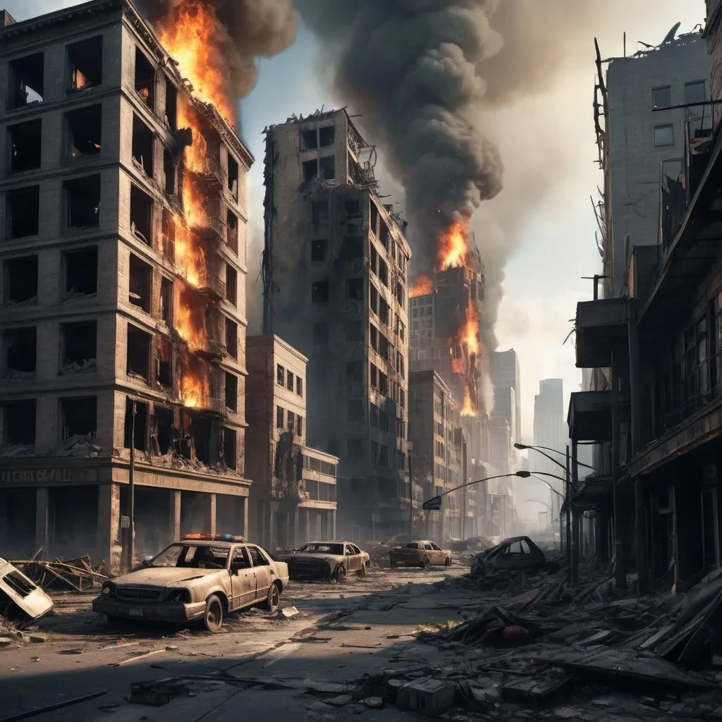 Prompt: A post-apocalyptic metropolis city, heavily smashed buildings, crashed down, torn apart, fire burning 