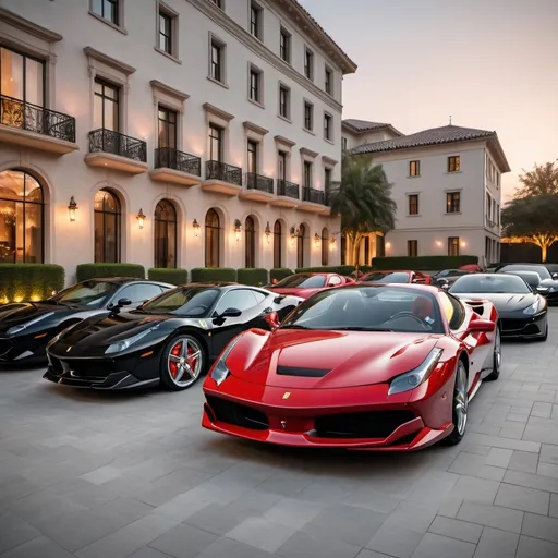 Prompt: 6 black mix with red Ferrari parking in a row in a massive yard outside a massive, opulent penthouse, dawn