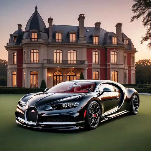 Prompt: 6 black mix with red Bugatti Chiron Super Sport 300+ parking in a row in a massive yard outside a massive, opulent penthouse, dawn