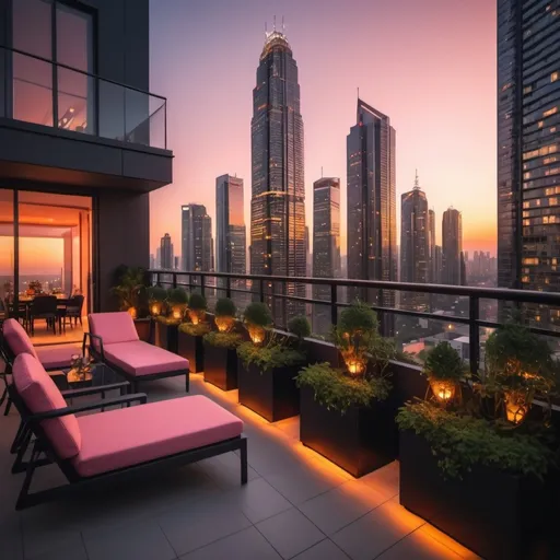 Prompt: (vibrant sunset), a stunning modern city skyline illuminated by warm hues of orange and pink, viewed from a massive, elegantly designed balcony, luxurious black outdoor furniture, lush greenery, and stylish decor, atmospheric and serene, soft golden light spilling over the edge, ultra-detailed, 4K, cinematic composition, captivating depth and perspective. Lots of modern and extremely tall skyscrapers with lights