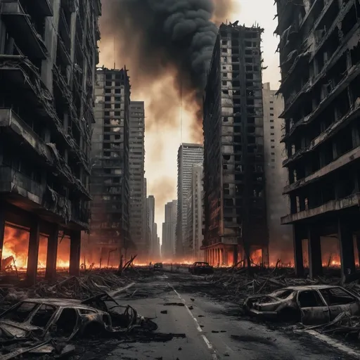 Prompt: Extremely destroyed city, badly destroyed skyscrapers, road, smashed buildings at the sides. Rotting human corpses all over the place, headless, entrails hanging out, terror, gore, bloody buildings, lots of skyscrapers. Fire burning all over, eerie atmosphere, black sky, a destroyed tank on the sidewalk. 