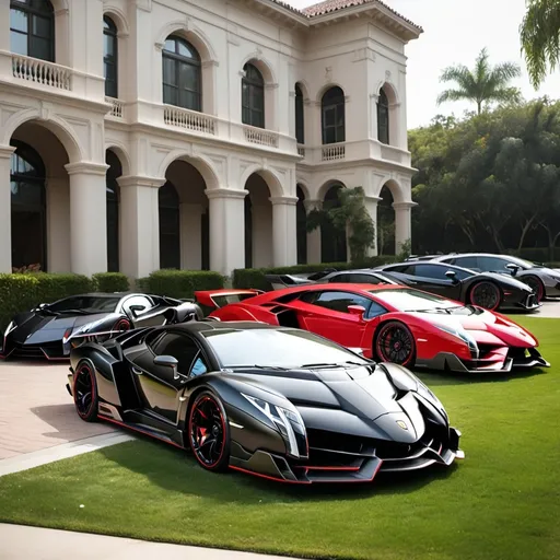 Prompt: 6 black mix with red Lamborghini Veneno parking in a row in a massive yard outside a massive, opulent penthouse in the afternoon 