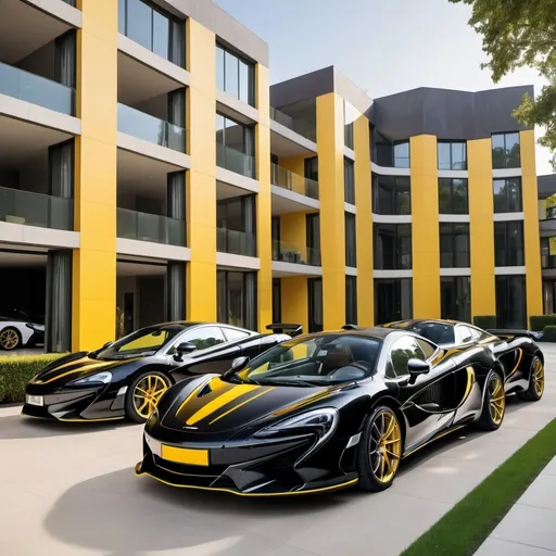 Prompt: 6 black mix with yellow McLaren parking in a row in a massive yard outside a massive, opulent penthouse, dawn