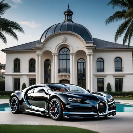 Prompt: 6 black Bugatti Chiron Super Sport 300+ parking in a row in a massive yard with a pool outside a massive, opulent penthouse, 