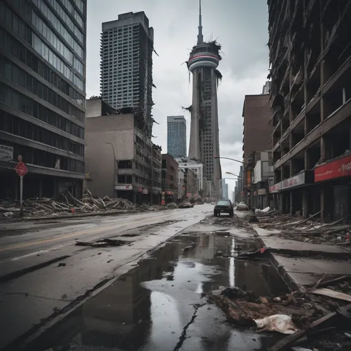 Prompt: Extremely destroyed city, badly destroyed skyscrapers, road, smashed buildings at the sides. Rotting human corpses all over the place, headless, entrails hanging out, terror, gore, bloody buildings, lots of skyscrapers, eerie atmosphere, pretty dark sky, raining heavily. Toronto city. A tall building has a massive hole in the middle, almost tore it apart.