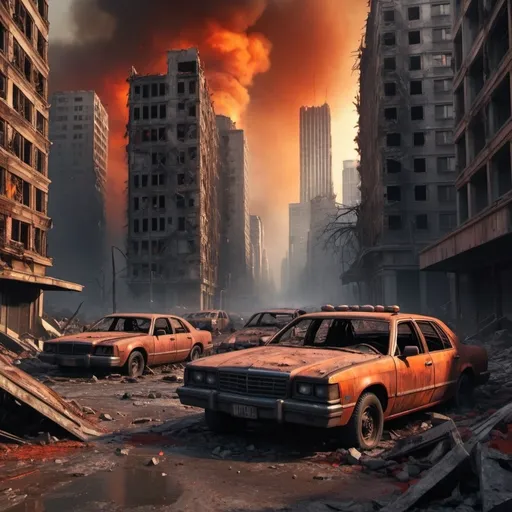 Prompt: A plane crashed into a post-apocalyptic metropolis city, lots of heavily damaged skyscrapers, crashed cars, dead bodies lying on the ground, fire burning all over the buildings.