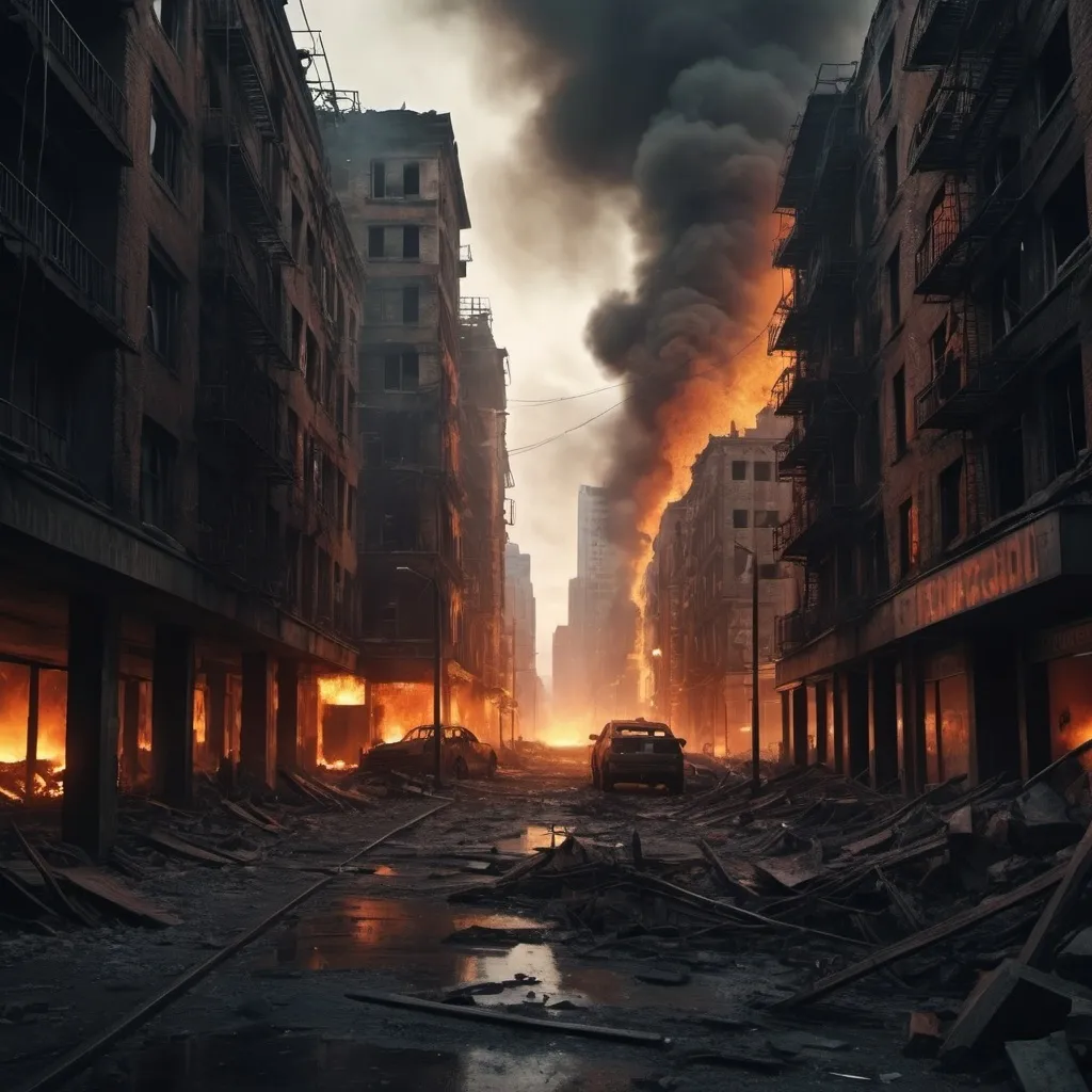 Prompt: A post-apocalyptic metropolis city, heavily smashed buildings, crashed down, torn apart, fire burning 