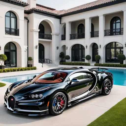 Prompt: 6 black Bugatti Chiron Super Sport 300+ parking in a row in a massive yard with a pool outside a massive, opulent penthouse, 