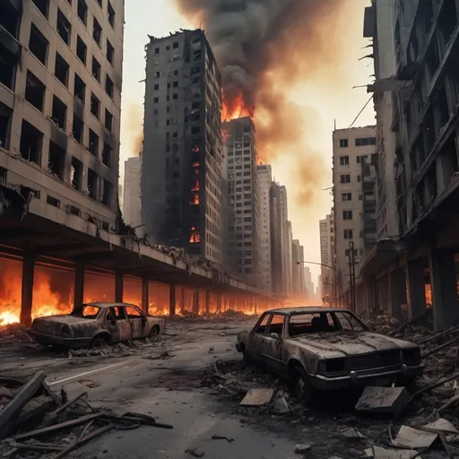 Prompt: Extremely destroyed city, badly destroyed skyscrapers, road, smashed buildings at the sides. Rotting human corpses all over the place, headless, entrails hanging out, terror, gore, bloody buildings, lots of skyscrapers. Fire burning all over, eerie atmosphere, slightly bright sky, a destroyed tank on the sidewalk.