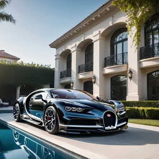 Prompt: 6 black Bugatti Chiron Super Sport 300+ parking in a row in a massive yard with a pool outside a massive, opulent penthouse, 